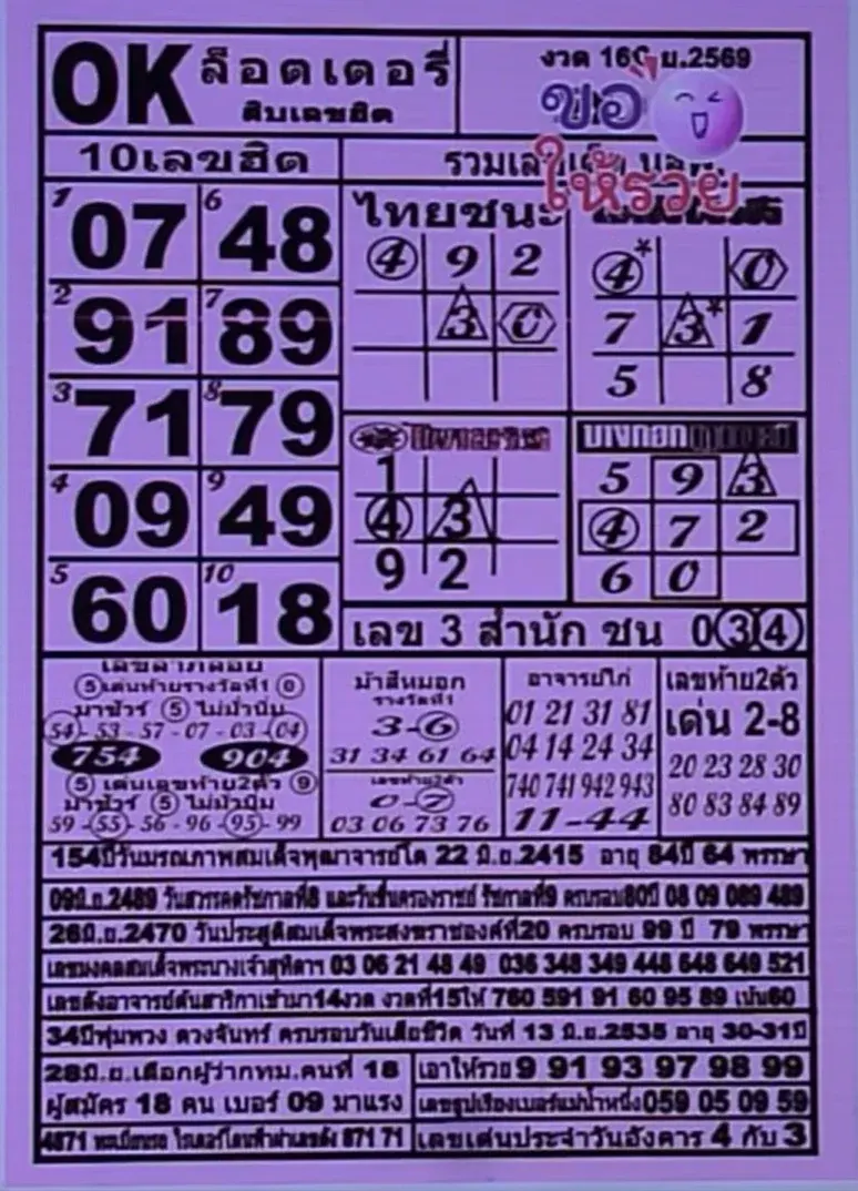 หวยokล็อตเตอรี่ 16/6/69