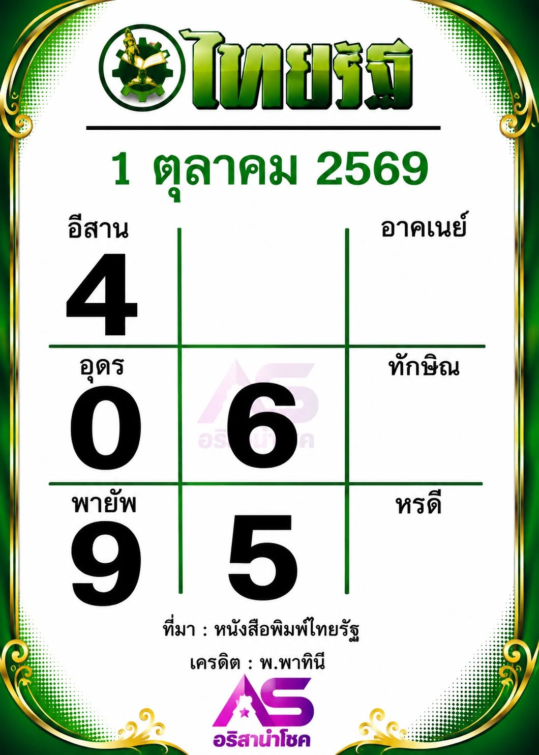 หวยไทยรัฐ 1/10/69